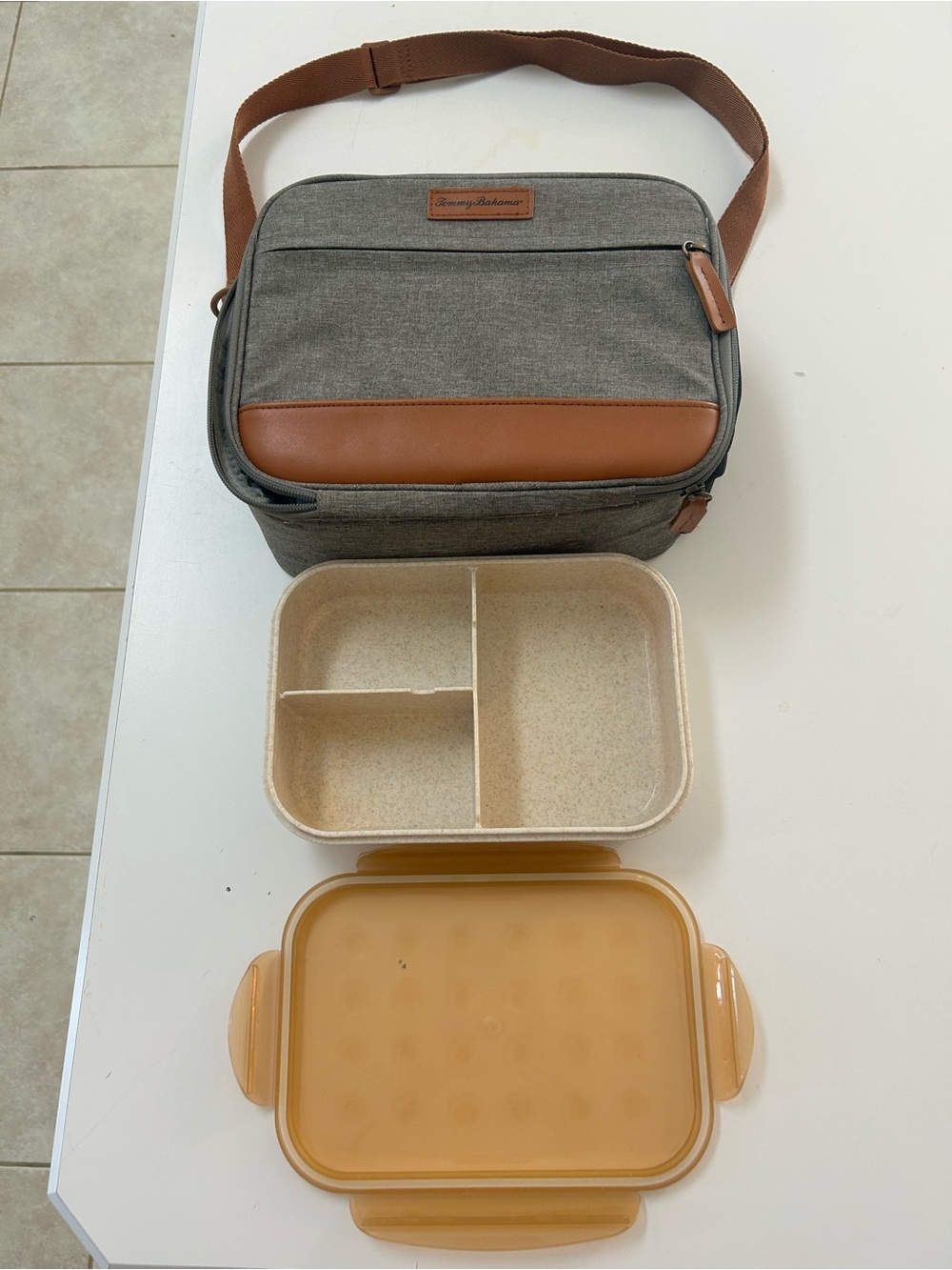 Tommy Bahama Gray Lunch Cooler with Brown Accents and Adjustable Strap Container